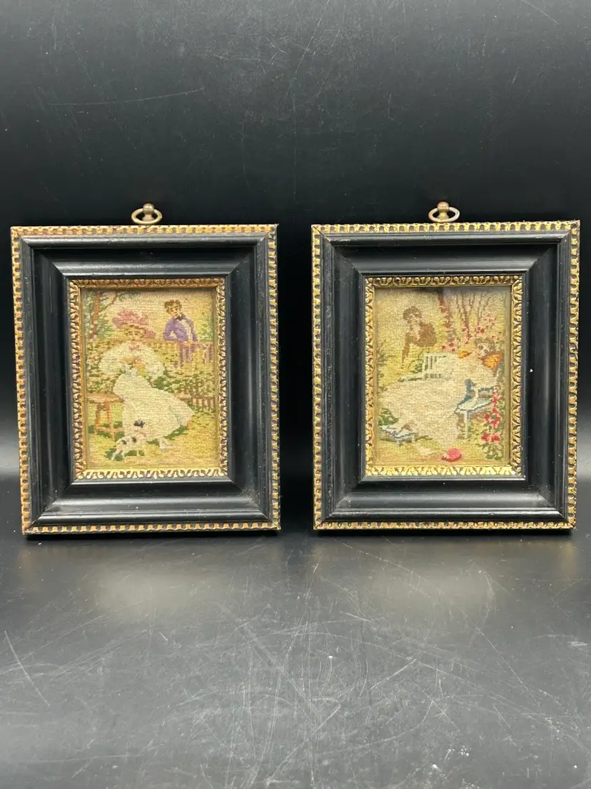 2 Vintage Very Fine Petit Point Needlepoint tapestries framed under glass.