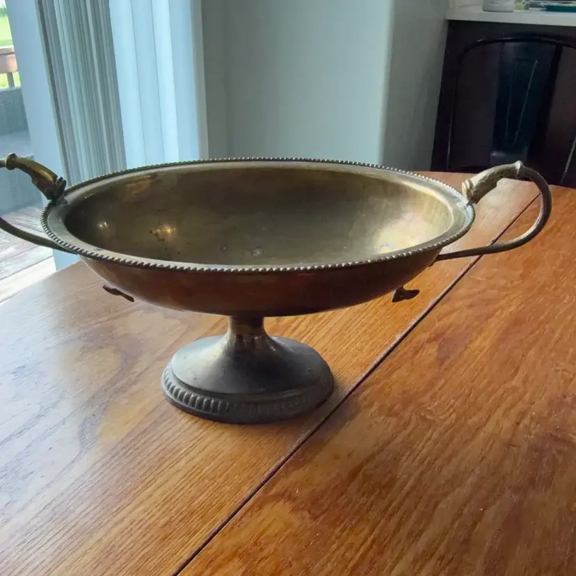 Brass Oval Pedestal With Ornate Fish Handles And Beaded Rims Stand 7 Inches High Handle To Handle Is 17 Inches