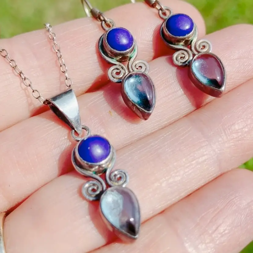 VTG Sterling Silver Pendant Necklace & Earrings Set, Topaz & Glass Stones, Y2K