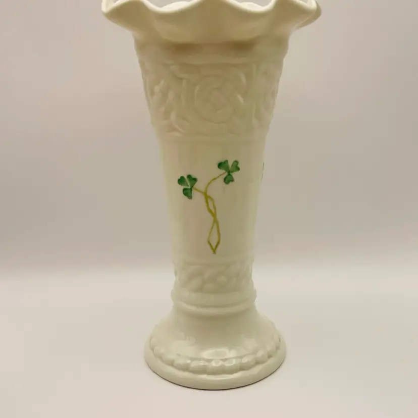 Belleek, Produced 2001 - 2006, Porcelain Vase, Ruffles, Celtic Knots, 8” Tall