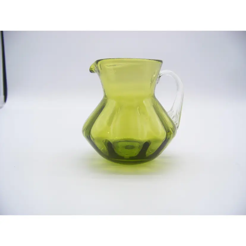 Vintage Hand Blown Olive Green Creamer with Clear Fused Handle In Pilgrim style