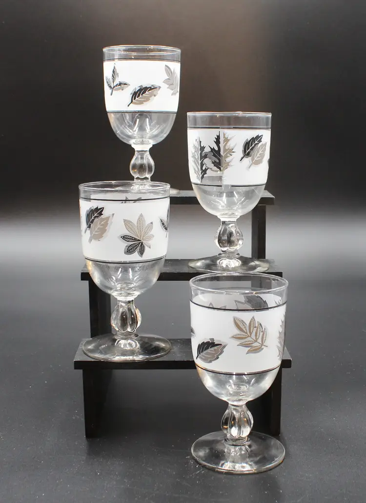 Vintage Libbey Silver Leaf & Frosted Glasses/Water Goblets, set of 4, 1960's, excellent condition
