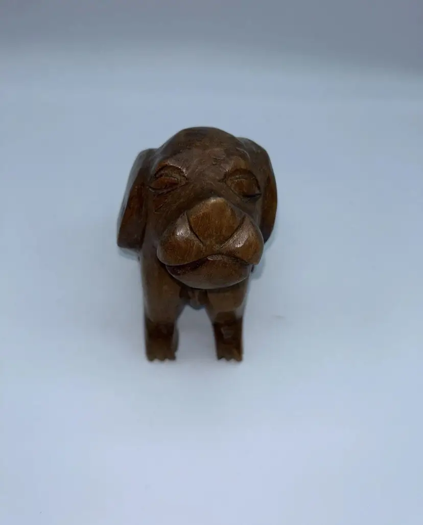Hand Carved Dog Wooden Figure. Folk Art Dog. Signed
