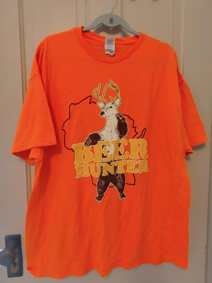 Men's Top- Brand: Delta Pro Weight. Size 2X. Beer Hunter t-shirt. 50% cotton, 50% polyester. No callouts.