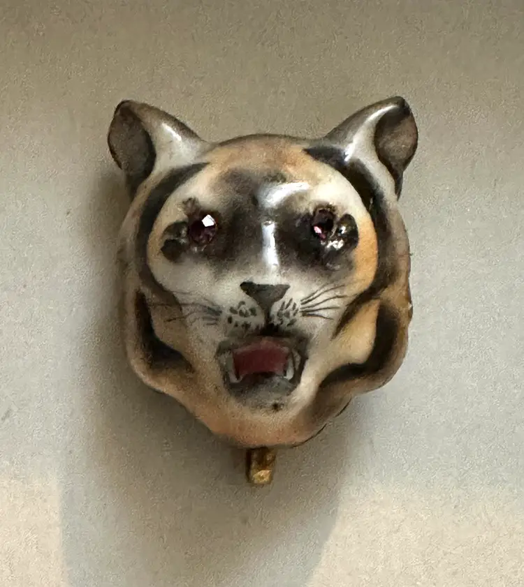 Antique Victorian Figural Watch Pin Tiger Enamel on Brass