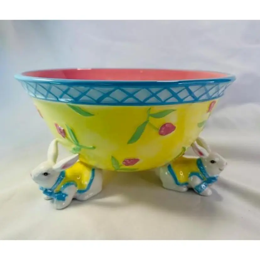 VTG. BUNNY BOWL CERAMIC Heavy Glaze 90'S Candy Dish or Serving Bowl 10" X 5.5 "