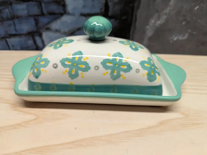 Butter Dish Keeper Dutch Wax Coastline Imports Vintage Teal  Floral Covered Hand Painted