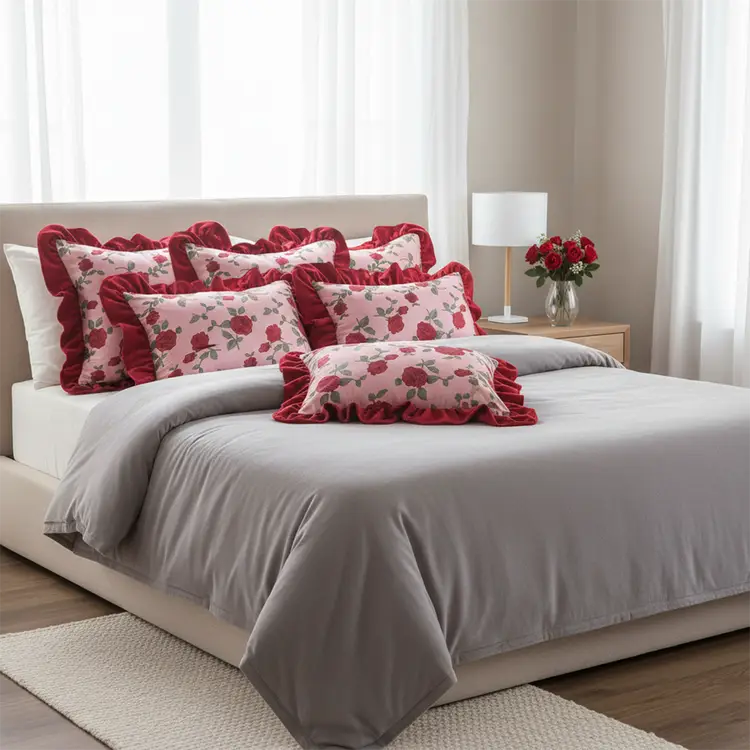 SOGA 6PC Rose Pillow Cover Set Red & Burgundy Ruffle Decorative Pillow Covers 30-45cm