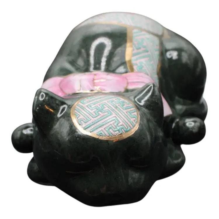 Vintage Asian Style Ceramic Sleeping Cat Figurine Hand Painted 10”x5 1/4”x4 1/4”