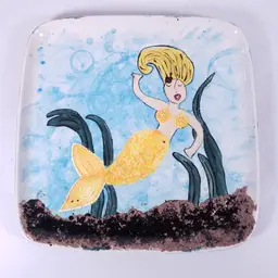 SIGNED Studio Art Pottery Yellow Mermaid Textured Square DECORATIVE TRAY PLATE
