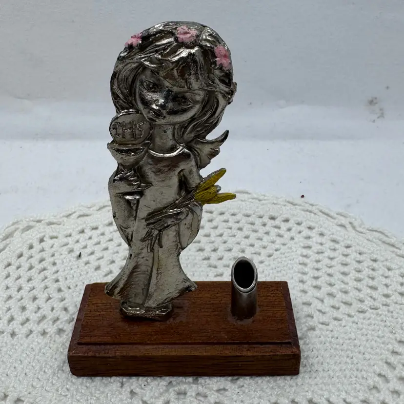 Italian Pelito pewter child angel desk accessory with chalice and wheat.
