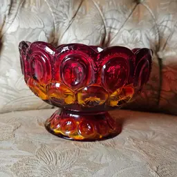 Vintage Red Amberina Moon and Stars Glass Footed Candy Dish Compote Bowl Glows
