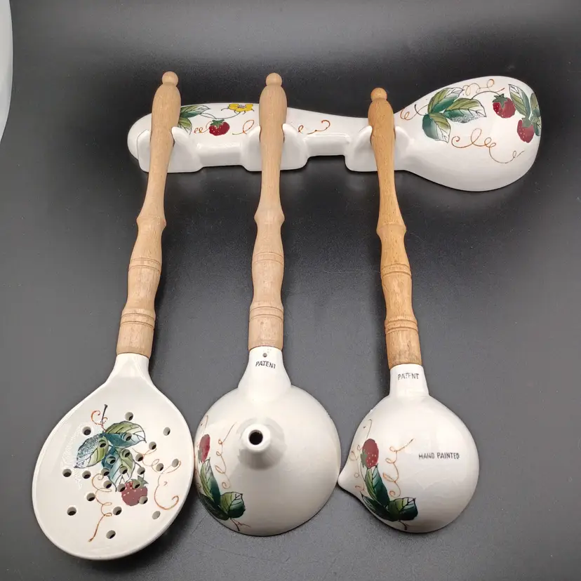 Handpainted vintage kitchen utensils -- STRAWBERRY pattern!