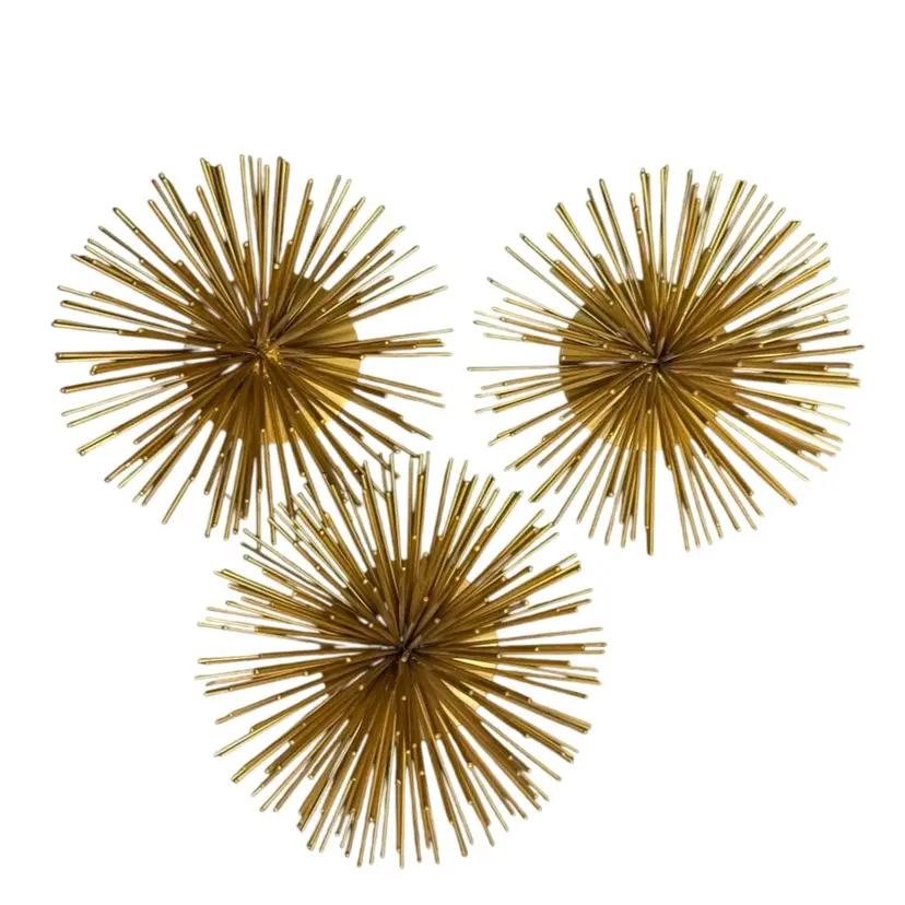 Wall/Table Decor Set of 3 Gold Tone Atomic Metal Starburst Sea Urchin Modern MCM Style
6-1/2” W x 3-1/2” T