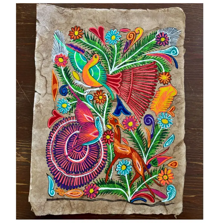 Large Mexico Amate Handmade Bark Paper Hand Painted GLOWS! 16”x 11.5”