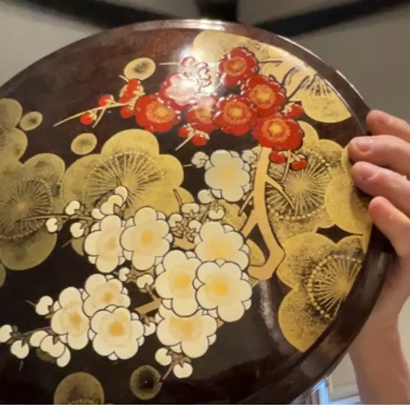 Lacquer Container With Cherry Blossoms Measures 12”x12”