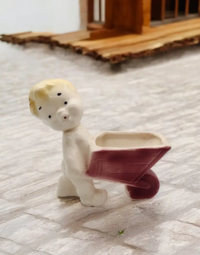 Vintage MCM Nude Baby Pottery Planter Wheelbarrow Cart Brushed Tiny Flaw