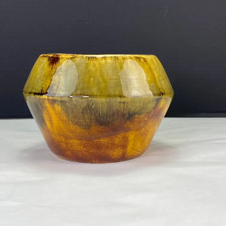 Vintage Retro Gold Green Glaze Pottery Planter Flower Pot