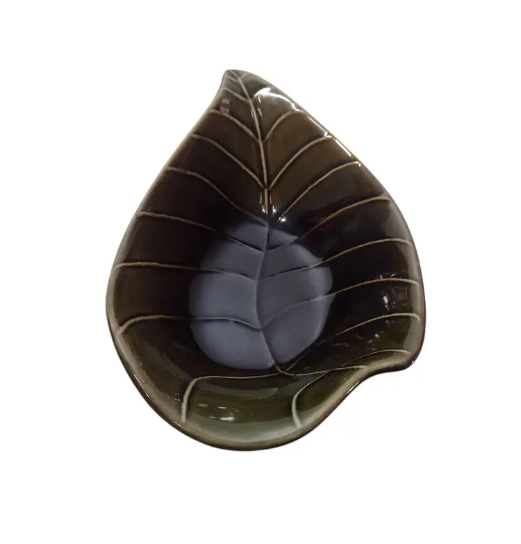 Pier One Stoneware Textured Leaf Bowl Retired Green Earthy Natural Serving Candy