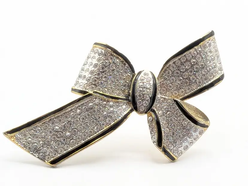 Vintage Gold Tone Rhinestone Pave Bow Brooch