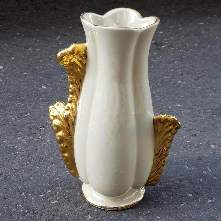 Vase Pearl China Company Hand Decorated 22K Gold Handles USA 6¼” Tall Pearlescent Vintage