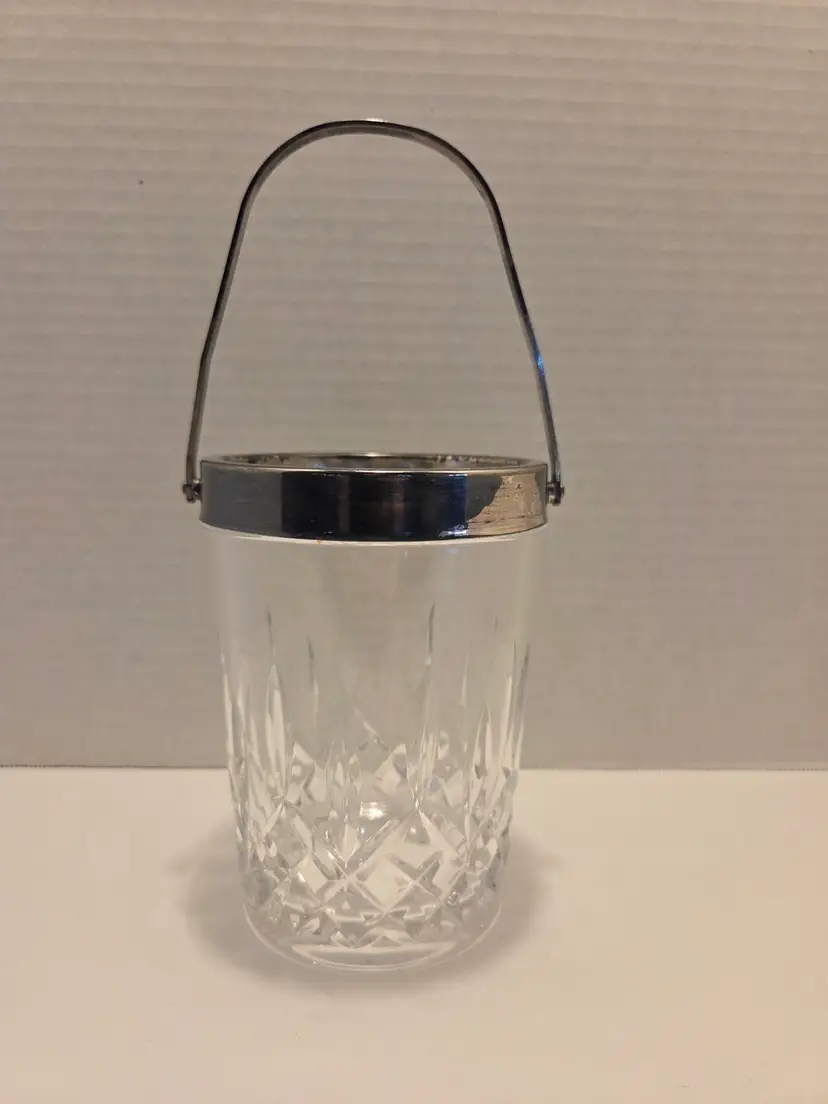 Vintage Cut Crystal Ice Bucket Silver Tone Rim Handle Barware 6”