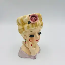 Vintage Inarco Japan Lady Head Vase 1961 Pearl Necklace Earrings Pink Rose