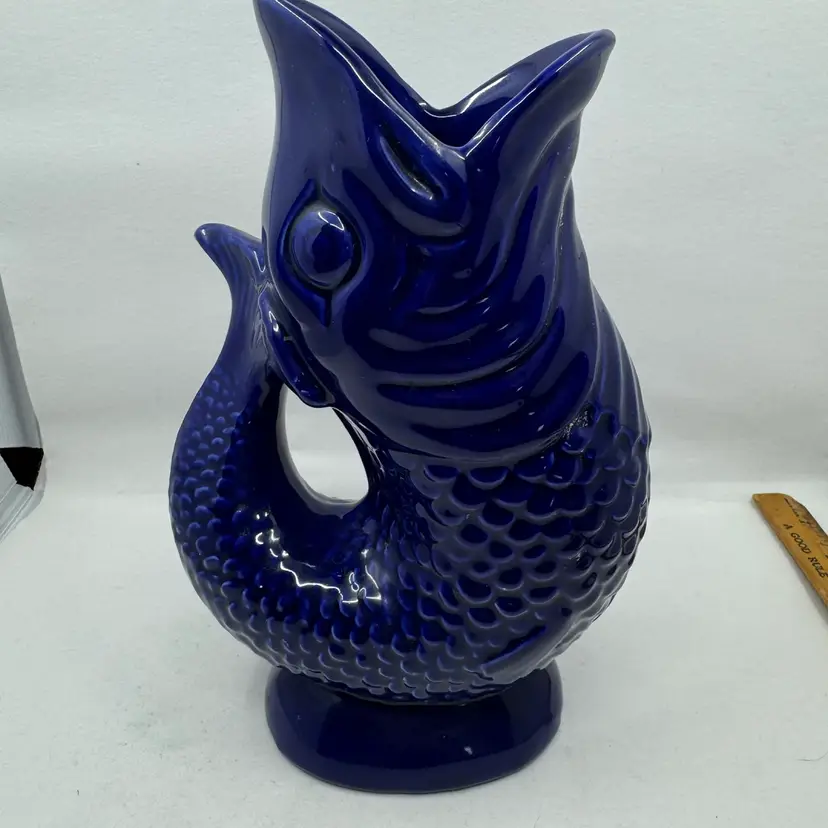 Cobalt Ceramic Fish Pitcher, One Chip As Pictured