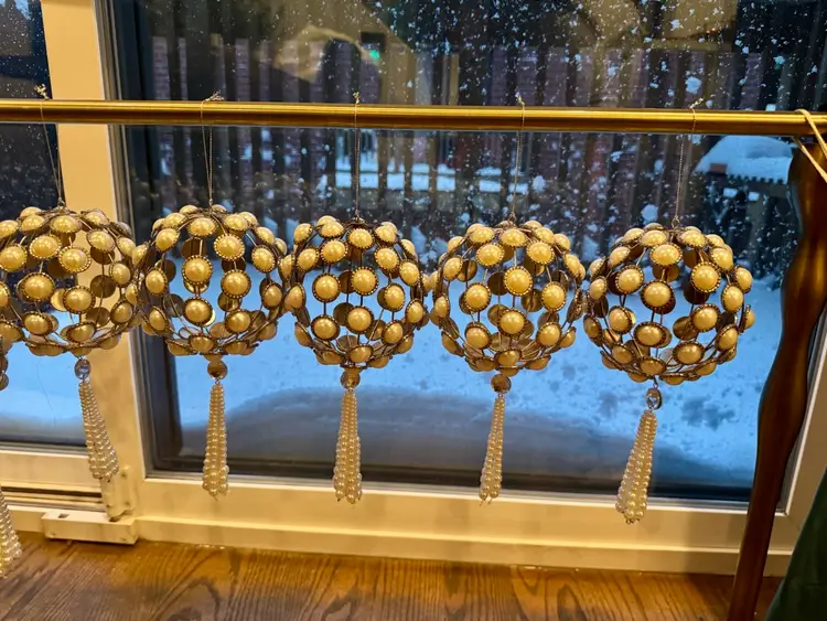 8” long 4” wide. Set of 5 silver metal christmas ornament ball with faux pearls and a crystal bead/pearl tassel