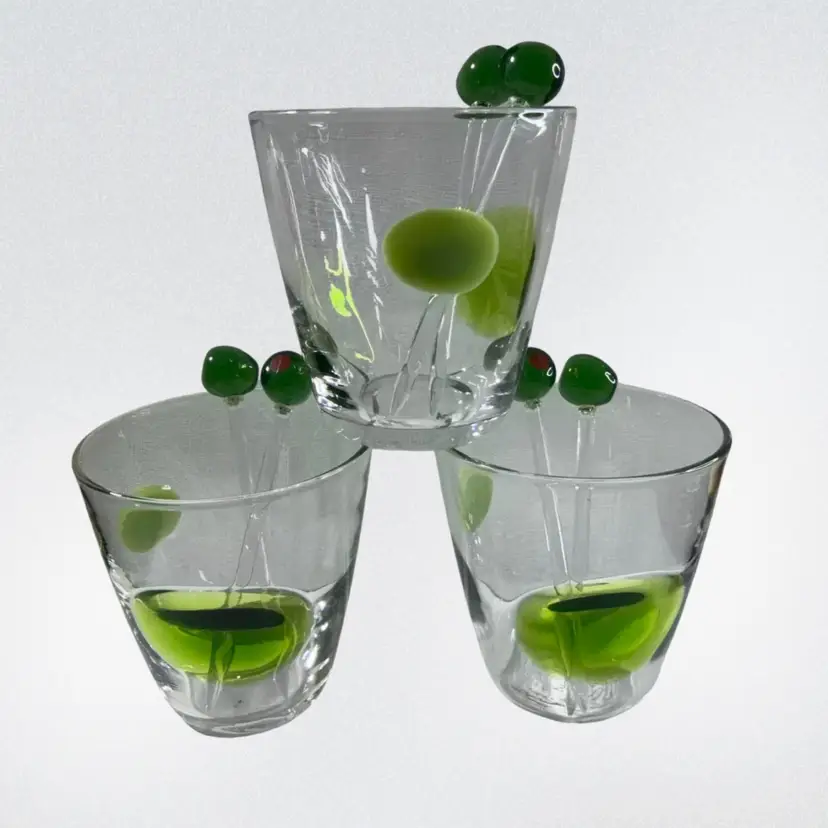 023. Set Of 3 Vintage IKEA "Fabulös" Hand-Blown Glass Low Ball Glasses Designed by Gunnel Sahlin with 6 Acrylic Olive Picks
