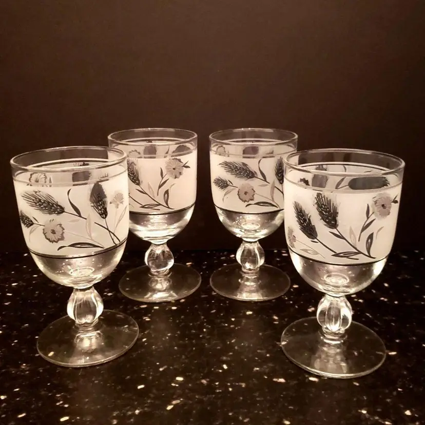 Libbey Frosted Silver Wheat Wildflower Glasses Mid-century Modern Vintage Retro