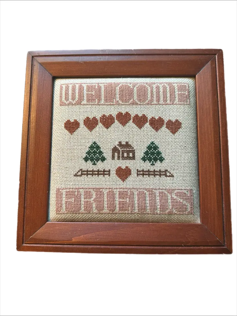 Welcome Friends Vintage Cross Stitch in Frame  8.5 inches Handmade Country Theme