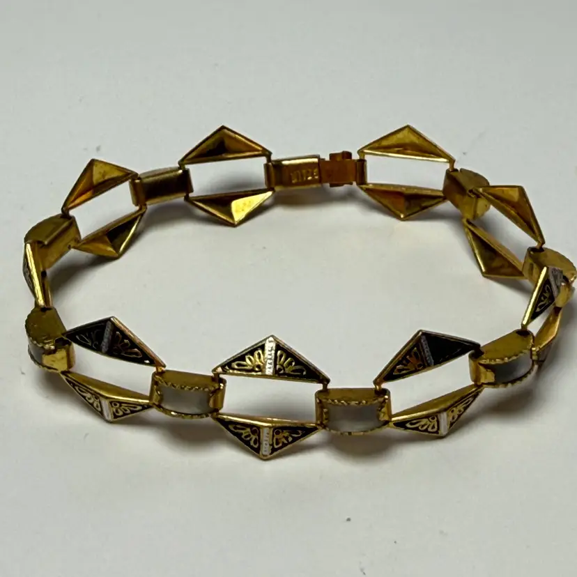 Vintage 7" Damascene Link Bracelet Moonglow Lucite Panel Gold Tone Victorian Revival
