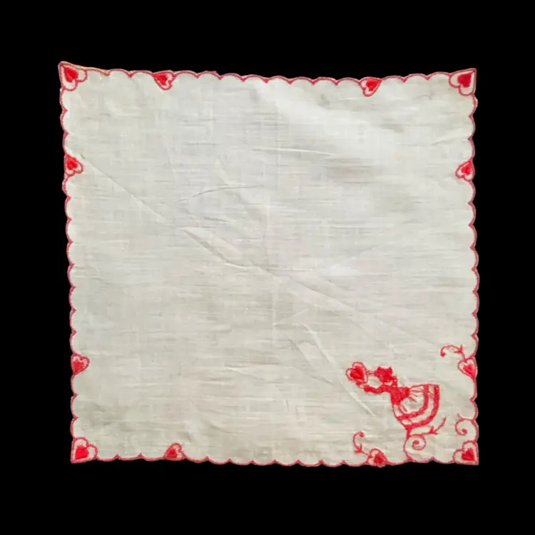 Vintage Valentines Love Embroidered Lady w/ Heart Hankie 10”