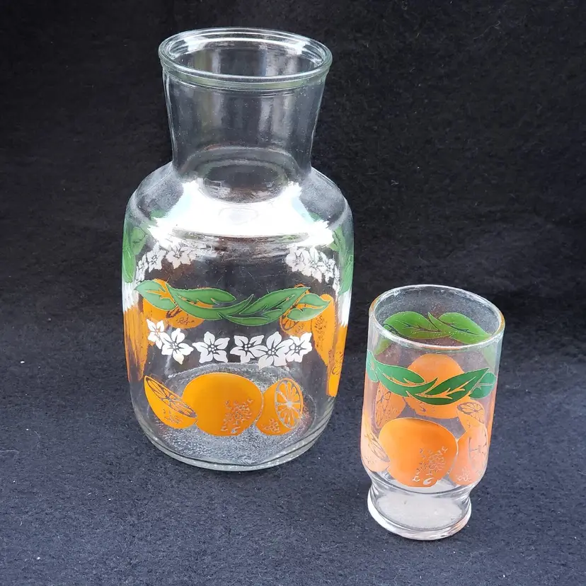 Orange Juice Carafe Pitcher 1 Qt. NO LID and 1 Glass 7 7/8" tall Vintage