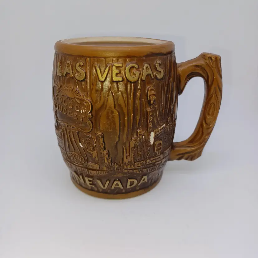 Vintage Las Vegas Coffee Mug - Brown Tree Trunk Barrel with Handle - Novelty
