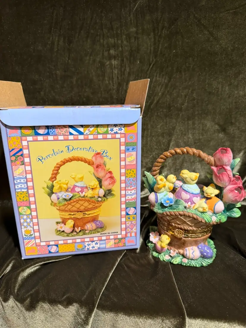 Easter Basket Porcelain Decorative Hinged Trinket Box