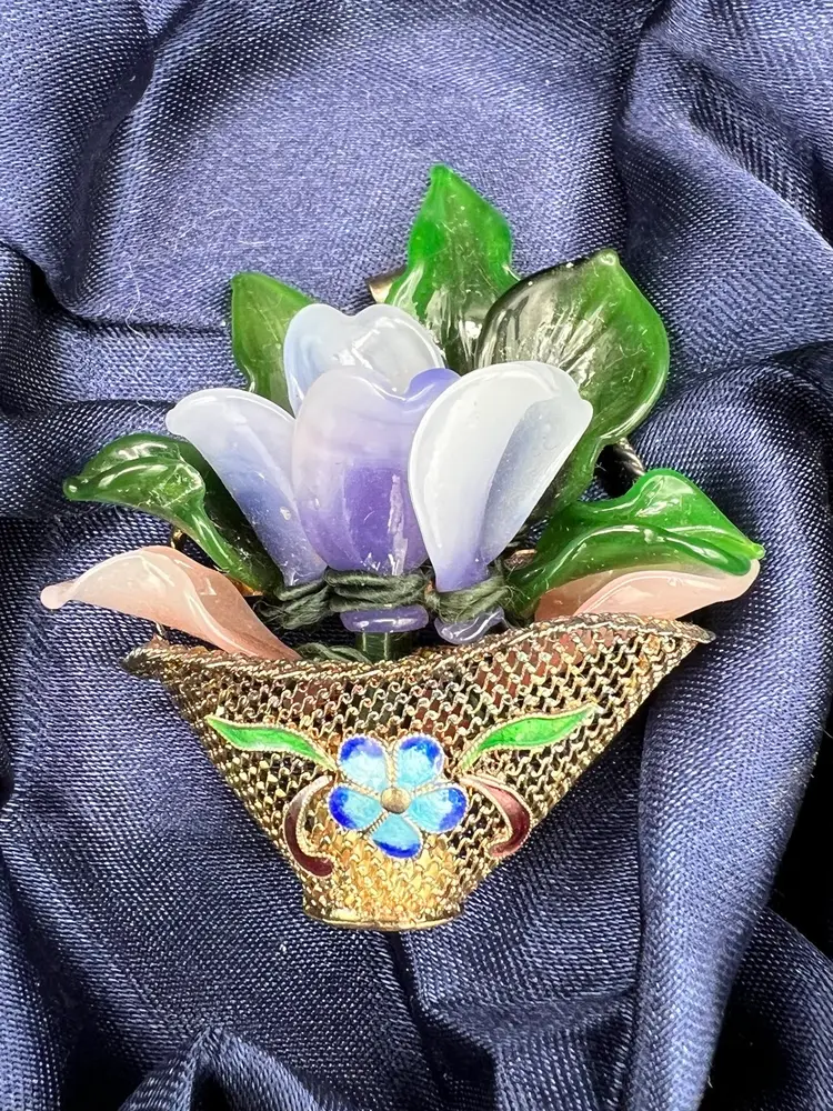 Vintage Chinese Exports Glass Flowers And Cloisonné Brooch/Pendant In Box