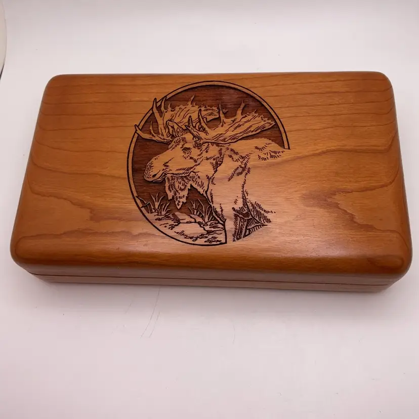 ITW Laser Cut Wood Trinket Jewelry Box with Moose 7" x 4" by Custom Corporate