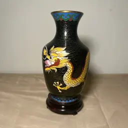 Small Vintage Cloisonné Asian Dragon Enamel Vase On Wood Base