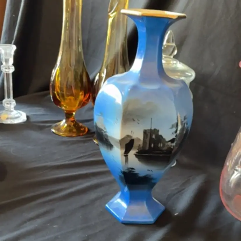 Blue And Black HANDPAINTED Vintage Vase 14” Tall