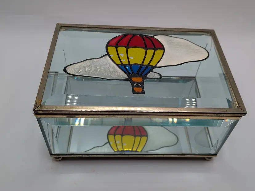 Stained Glass Mirrored Jewelry Casket W/Brass accents HOT AIR BALLOON