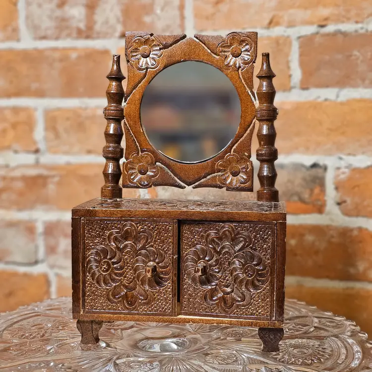 Vintage Hand-Carved Wooden Mini Doll Vanity Dresser with Mirror Floral Design