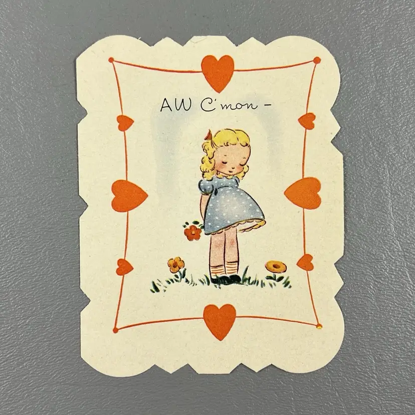 Vintage Valentine Card A-Meri-Card Sweet Blonde Girl Flower Hearts AW C'mon 4"