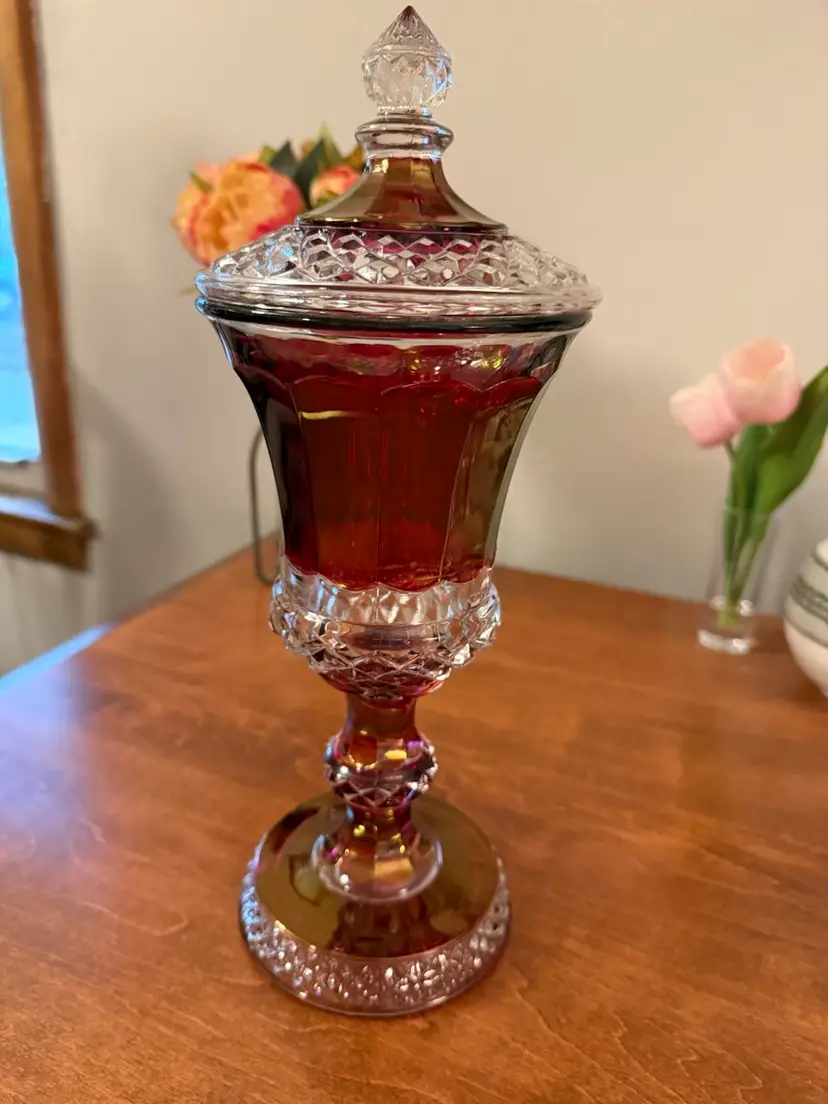 ☀️12-3/4” H x 5” W Vintage Westmoreland Ruby Glass Diamond Point Urn Compote With Lid