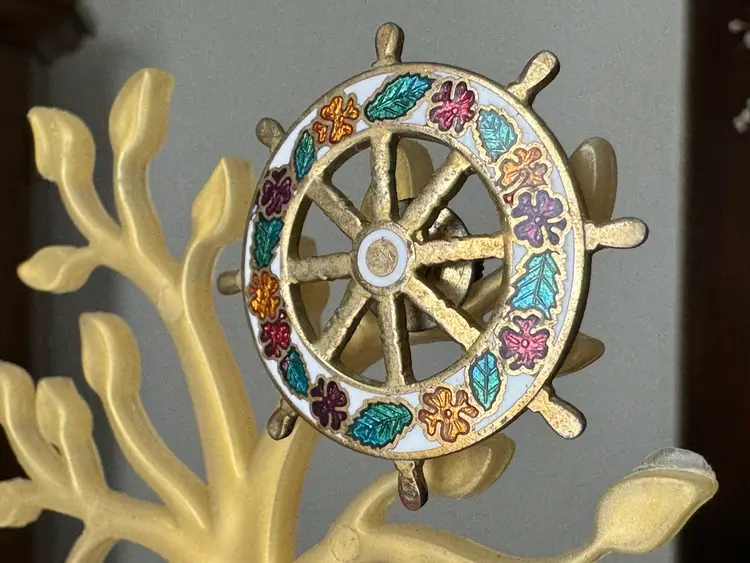 Vintage Cloisonné Ships Wheel Tack Pin Brooch