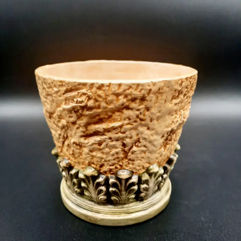 Vintage Napco Planter Textured Gold/Orange with Olive Green Scroll Leaf Border