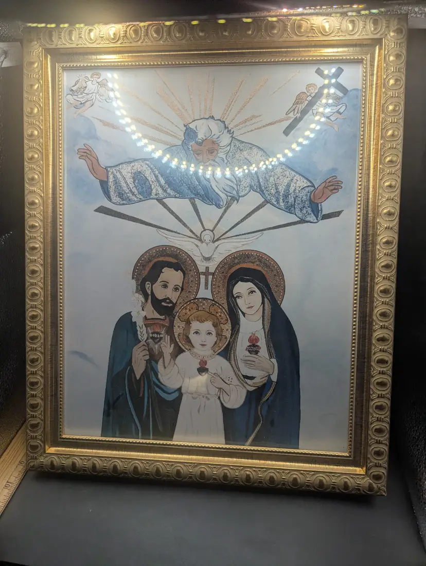 Vintage Hand Painted Holy Family and Holy Trinity Beautiful Framed Artwork