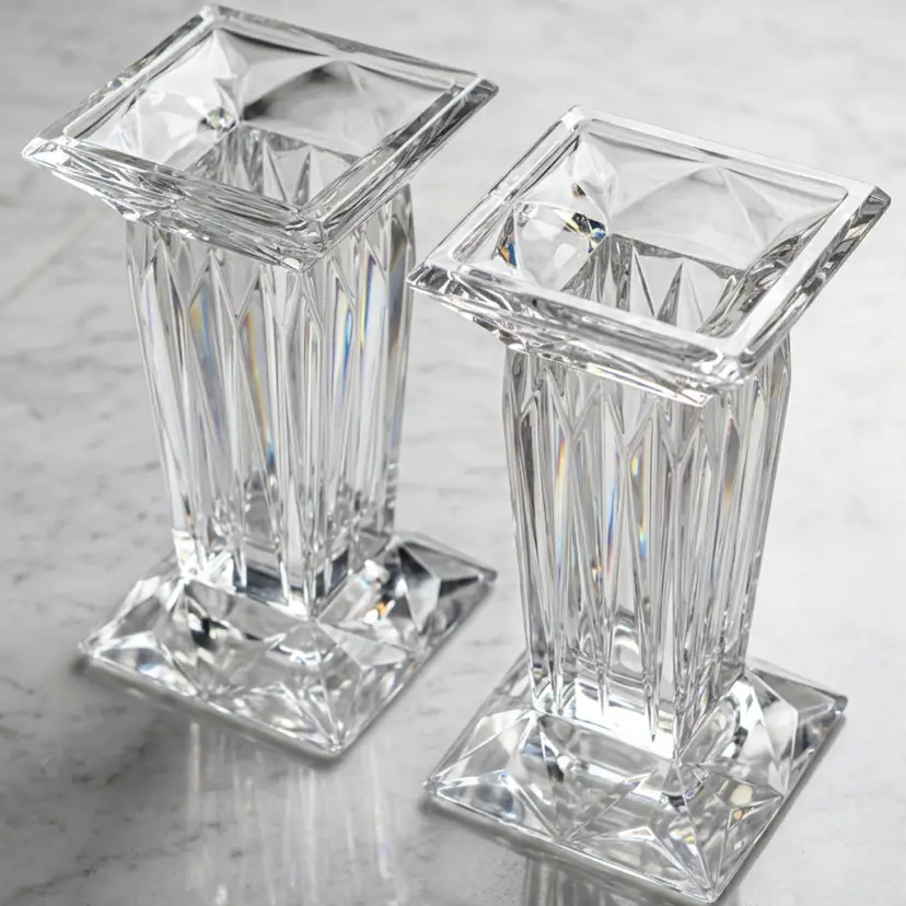 Vintage Art Deco Revival Geometric Cut Crystal Vases Or Pillar Candle Holders
