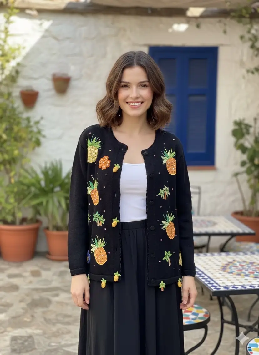 Jack B. Quick Pineapple Cardigan Size Petite Large Tropical Palm Trees 90’s